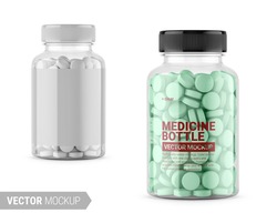 Clear glass medicine bottle with tablets, transparent on background. Contains accurate mesh to wrap your design with envelope distortion. Photo-realistic packaging vector mockup template with sample.
