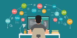programming banner, coding, best programming languages, flat illustration concept