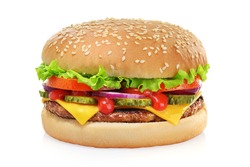 Classic cheeseburger with beef patty, pickles, cheese, tomato, onion, lettuce and ketchup mustard isolated on white background.