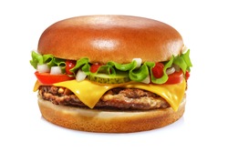 Cheeseburger with beef patty, pickles, cheese, tomato, onion, ketchup and lettuce isolated on white background. Sesame free bun.