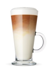 Foamy latte coffee and milk drink in a transparent glass cup isolated on white background.