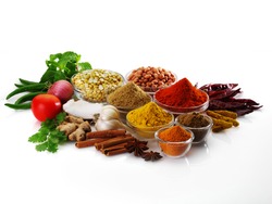Spices and herbs in bowls. Food and cuisine ingredients. Colorful natural additives