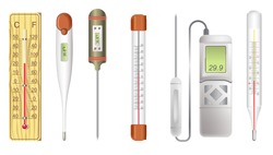 Thermometers or measuring tools isolated icons, weather and medicine vector. Medical check, electronic and mercury scale, atmosphere and human body. Measurement equipment or electronic devices