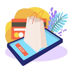 Shopping online and paying for purchases with credit card. Buying items in stores and shops in internet. Bag with bought object, business and commerce for sellers. App for customers, vector in flat