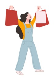 Woman happy of purchases, isolated female character holding bags bought on sale or discount in shop or store. Consumerism and advertisements, boutique for ladies with outfits. Vector in flat style