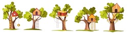 House build on tree made of wooden material, treehouse for kids to play. Fantasy building with ladders to climb, countryside or rural area, summertime and rest outdoors. Vector in flat styles