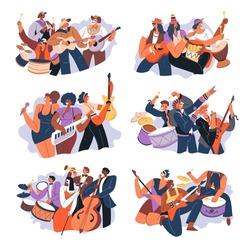 Musicians in band performing songs and playing music, isolated people with instruments representing genres and styles. Rock and jazz, classic and pop, country and reggae. Vector in flat style