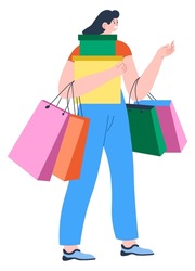 Female character carrying bags and boxes bought in shops and stores. Isolated woman returning from mall or supermarket with gifts. Shopping activity, leisure time fun or hobby. Vector in flat style