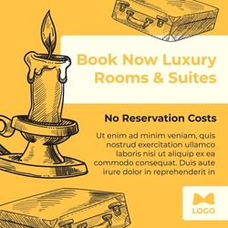 Luxury rooms and suites, book perfect hotel accommodation now. No reservation costs, discounts and special prices for clients. Advertising and marketing banner or poster. Vector in flat style