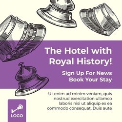 Royal history of hotel, sign up for news book your stay in accommodation. Luxurious architecture and classic design of building. Advertisement and marketing banner or poster. Vector in flat style
