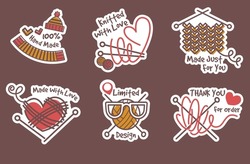 Handmade clothing sticker design, label set. Knitted with love sign at colorful tag collection, vector illustration. Creative element with limited design text, cozy fiber and yarn