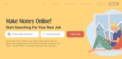 Start making money online, search for remote distant job. Search engine with offers and proposals from companies. Website landing page template, internet site. Vector in flat style illustration