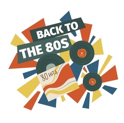 Eighties hits and best songs compositions. Back to 80s, vinyl records with music for disco and entertainment. Recorded tapes and colorful stripes, nostalgia banner with text. Vector in flat style