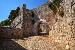 Stone gate of the medieval Venetian St George's castle on the island of Kefalonia in Greece
