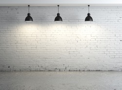 High resolution brick concrete room with ceiling lamp