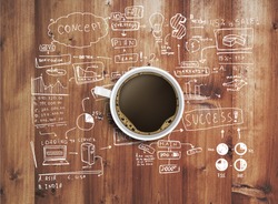 coffee cup and business strategy on wooden table