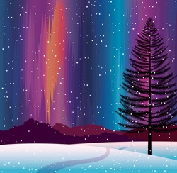 Nature landscape with snowdrifts, spruce tree, silhouette of mountains and northern lights at night sky. Winter vector illustration. 