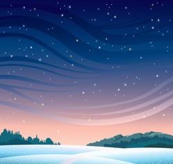 Winter landscape with starry night sky and snowdrifts. Natural vector illustration.
