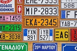 Stall of a car number plates maker in Athens, Greece