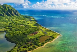 Aerial view of Kualoa Point at Kaneohe Bay, Hawaii, Oahu, Hawaii, USA