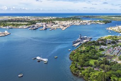 Aerial view of USS Arizona and USS Missouri Memorials at Ford Island, Pearl Harbor, Honolulu, Hawaii, USA