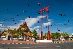 Pigeon Crowd, Giant Swing, Sutat Temple, Bangkok, Thailand