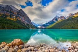Beautiful autumn views of iconic Lake Louise in Banff National Park in the Rocky Mountains of Alberta Canada