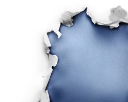Breakthrough paper hole with blue background, isolated on white.