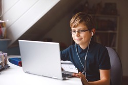 Kid boy with glasses learning at home on laptop for school. Adorable child making homework and using notebook and modern gadgets. Home schooling concept.