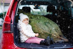 Adorable little toddler girl with Christmas tree inside of family car. Happy healthy baby child in winter fashion clothes choosing and buying big Xmas tree for traditional celebration.