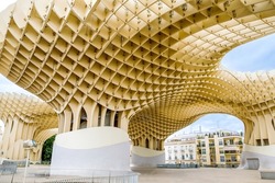 Metropol Parasol wooden structure located in the old quarter of Seville, Spain. Empty place without people