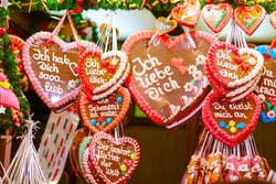 Gingerbread Hearts at German Christmas Market. Nuremberg, Munich, Fulda xmas market in Germany.On traditional ginger bread cookies written 