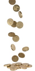 uk pound coins falling into a pile