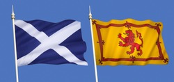 Scottish Flags - The national flag (the Saltire) and the Lion Rampant (Royal Standard of Scotland)