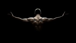 Close up of sports man's muscular back isolated on black background