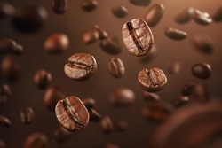 Background made of falling down fresh coffee beans with copy space