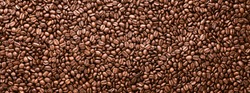 Coffee beans panoramic background, texture with copy space