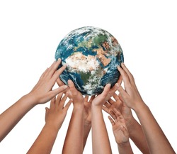 Many children hands holding planet earth isolated on white background