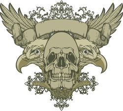 Skull with wings and double-headed eagle, hand-drawing. Vector illustration