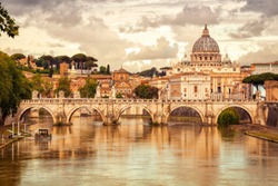 Morning view of Basilica St Peter and bridge Sant Angelo in Vatican City Rome Italy. Rome architecture and landmark.  St. Peter's cathedral in Rome.