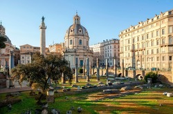 The Church of the Most Holy Name of Mary at the Trajan Forum and Trajan's Column in Rome, Italy.