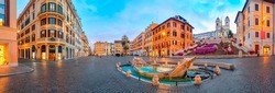 Panorama of Piazza di Spagna in Rome, italy. Spanish steps in Rome, Italy in the morning. One of the most famous squares in Rome, Italy. Rome architecture and landmark.