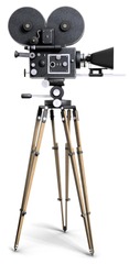 An old-fashoned movie camera on a tripod isolated on white.