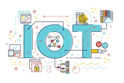 Internet of things, internet computer technology concept word lettering design illustration with line icons and ornaments in blue theme