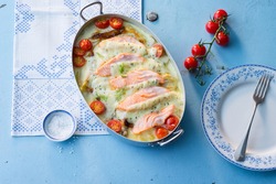 Gratinated salmon and fennel baked in the gratin dish