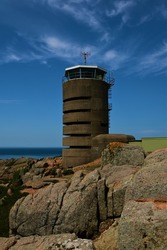 An external view of a German Naval World War Two communications tower at Corbiere on the scenic coast of Jersey in the Channel Islands. 