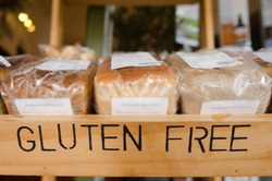 Gluten Free loaf of breads on display in a health food shop. Concept photo of healthy food lifestyle.