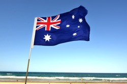 Australia national flag fly over Surfers Paradise main beach in Gold Coast Queensland, Australia. No people. Copy space