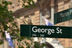 Street sign of George Street and Martin place in Sydney Central Business District in New South Wales, Australia. No people. Copy space