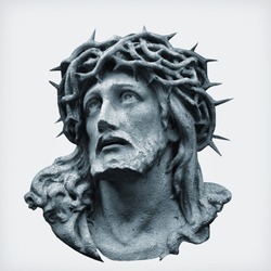 Antique statue of Jesus Christ crown of thorns against white background.